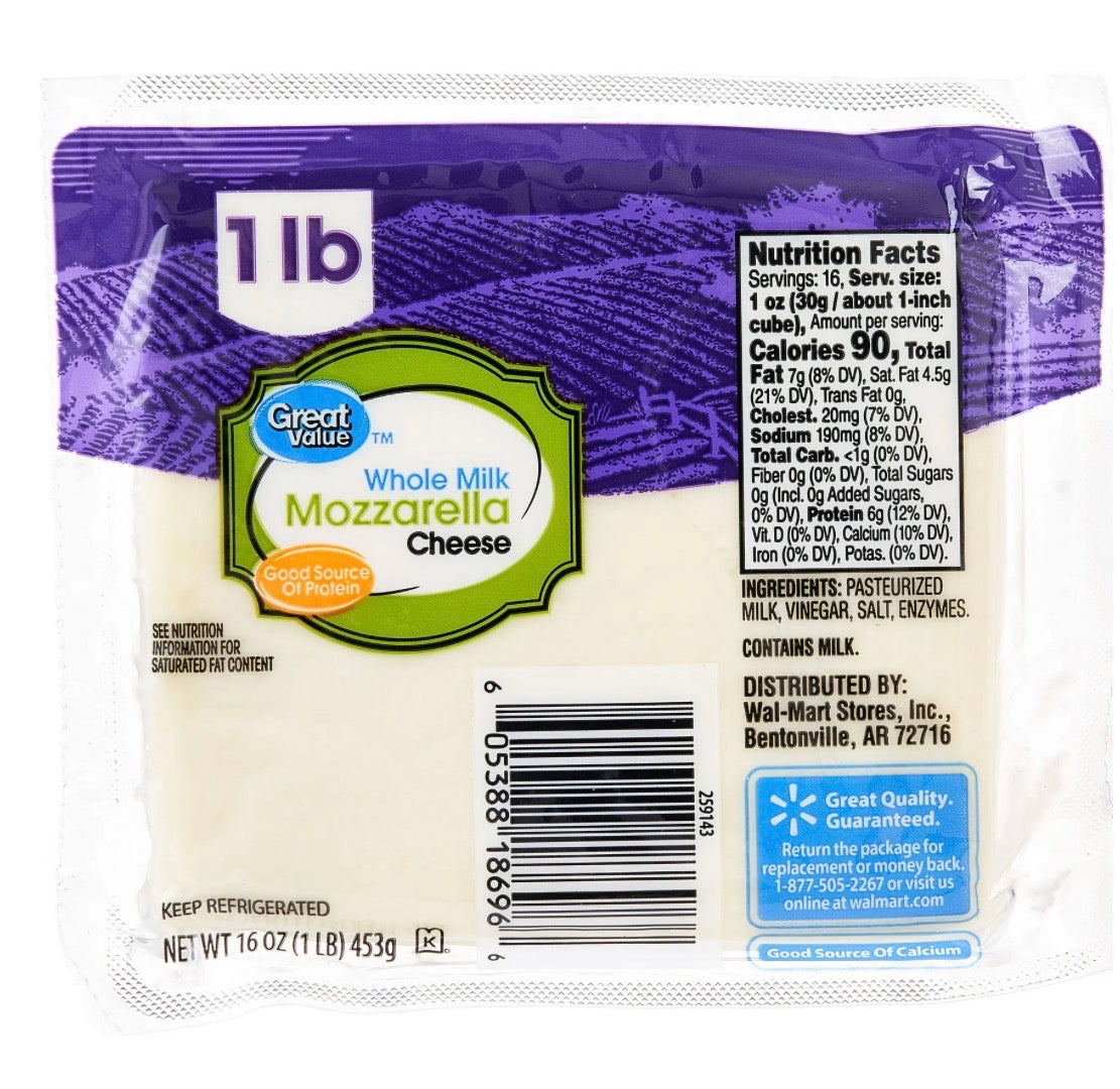 Great Value Whole Milk Mozzarella Cheese - 1 lb